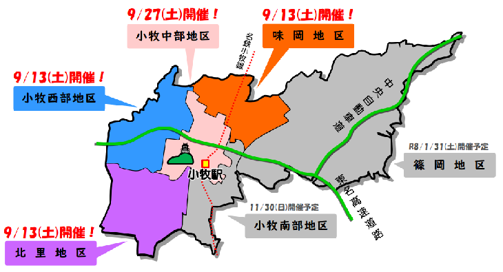 小牧市を6地区に分けたイラスト。