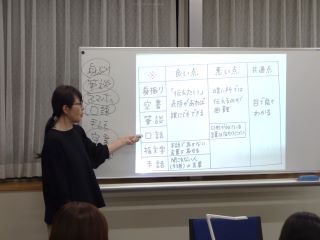 手話ボランティア養成講座の写真。講師のフォロー者が手書きの資料をホワイトボードにプロジェクターで映して、説明をしている様子。