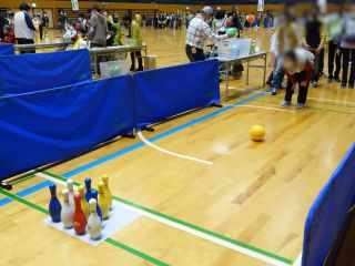 ボーリングの写真。10本のピンめがけてボールをころがすように投げている。