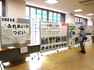 展示の写真。パネルには様々な団体の活動紹介のシートが貼られている。写真右には興味深そうに展示を見ている女性が一人。